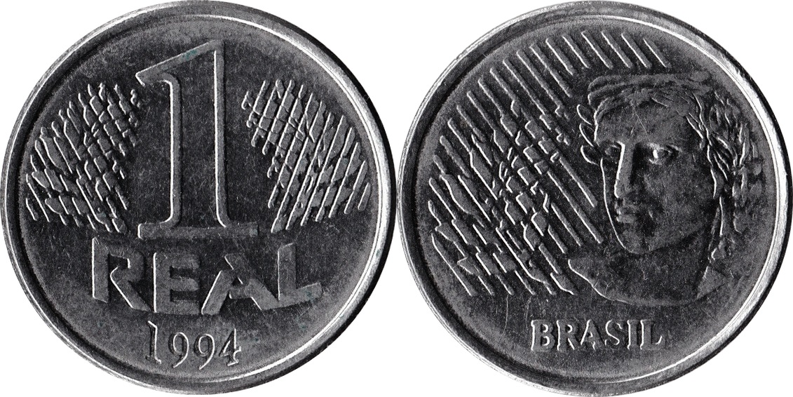 Moeda brasileira de 1 real de 1994, mostrada dos dois lados.